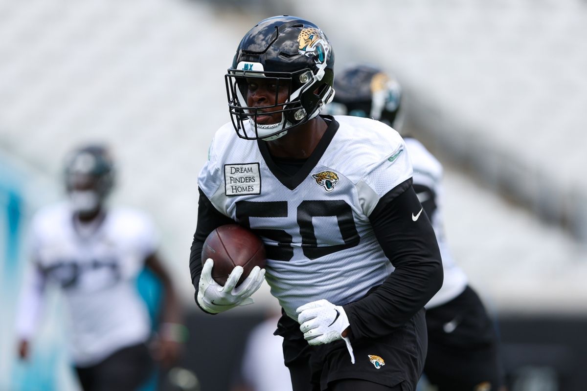 Jun 13, 2023; Jacksonville, Florida, USA;  Jacksonville Jaguars linebacker Shaquille Quarterman (50) participates in mandatory mini camp at TIAA Bank field. Mandatory Credit: Nathan Ray Seebeck-USA TODAY Sports