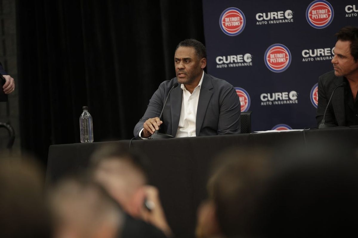 Jun 13, 2023; Detroit, MI, USA; Troy Weaver general manager of the Detroit Pistons addresses the media during the press conference at the Henry Ford Detroit Pistons Performance Center. Mandatory Credit: Brian Bradshaw Sevald-USA TODAY Sports