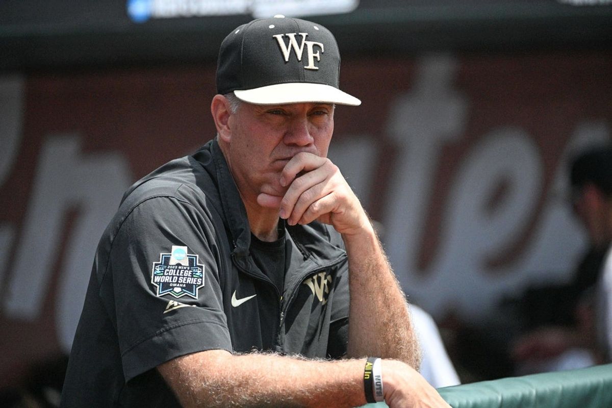 Jun 17, 2023; Omaha, NE, USA; Wake Forest Demon Deacons head coach Tom Walter looks on before a game against the Stanford Cardinal at Charles Schwab Field Omaha. Mandatory Credit: Steven Branscombe-Imagn Images