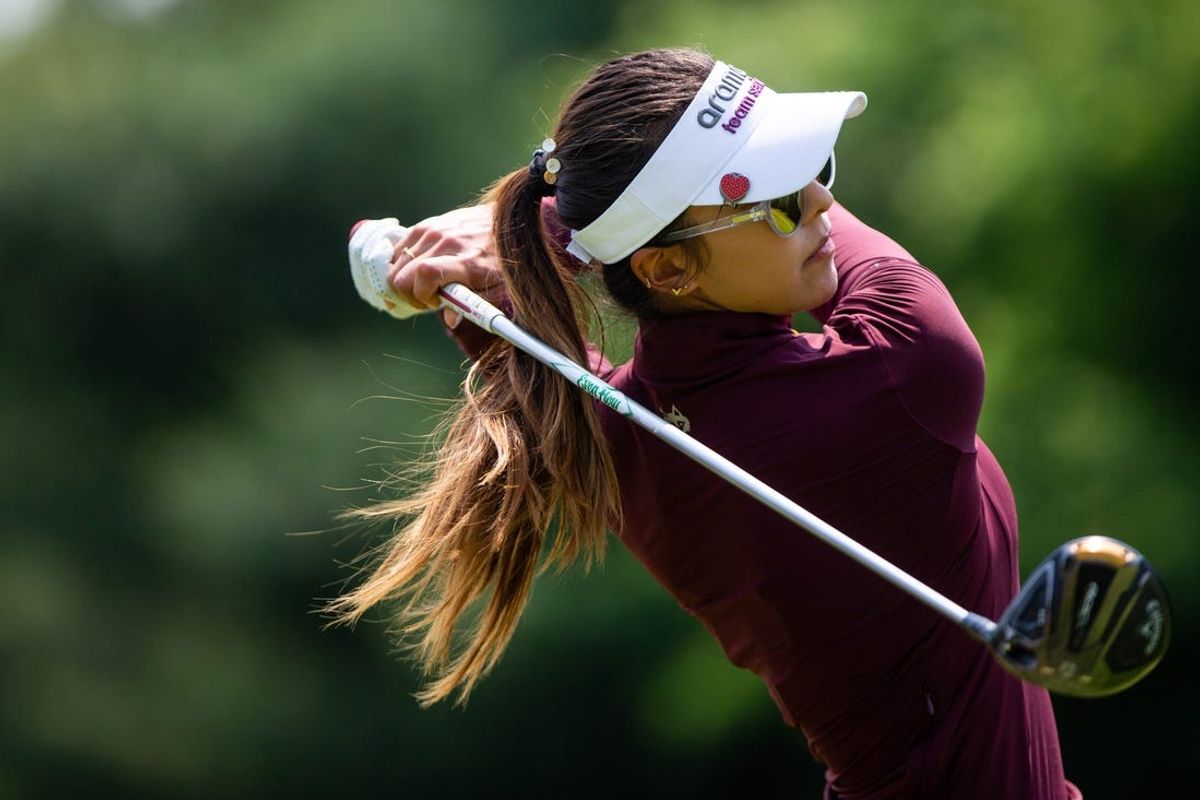 Alison Lee tees off from the 14th hole during the Meijer LPGA Classic third round Saturday, June 17, 2023, at Blythefield Country Club in Belmont, MI.