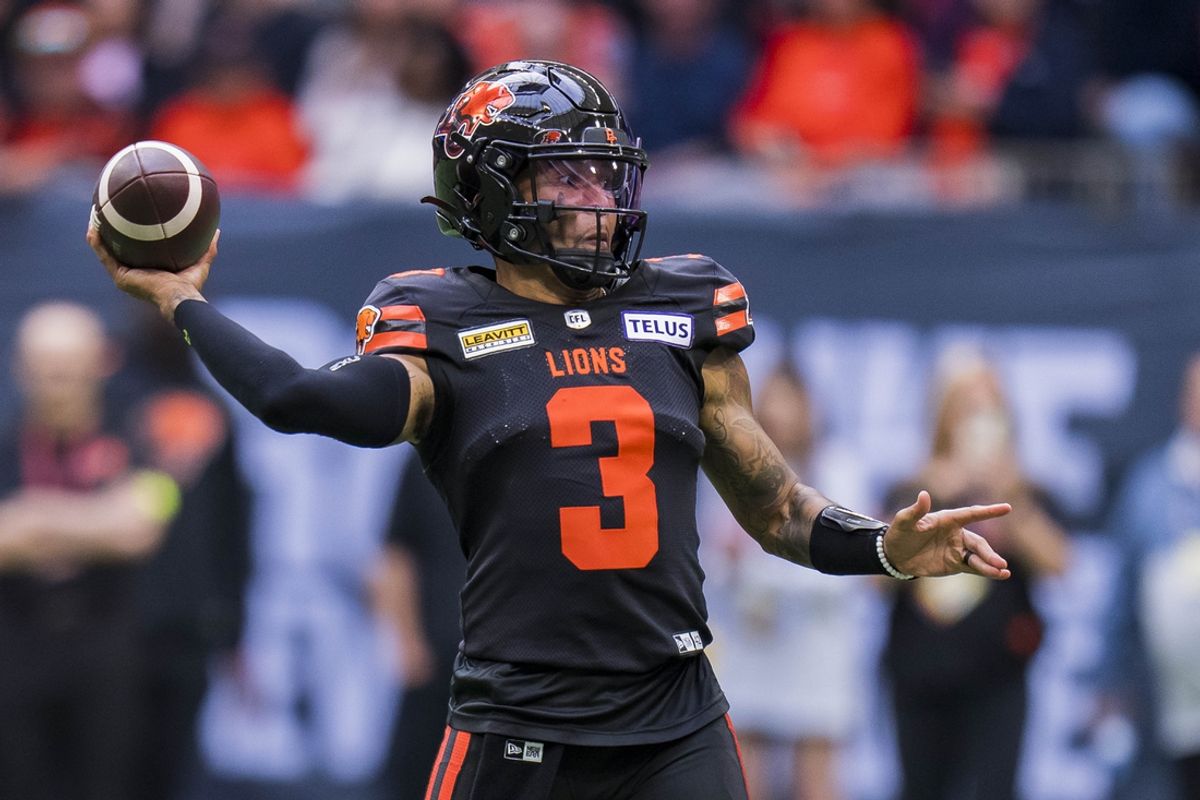 Jun 17, 2023; Vancouver, British Columbia, CAN; BC Lions quarterback Vernon Adams Jr. (3) makes a pass against the Edmonton Elks in the second half at BC Place. BC won 22-0. Mandatory Credit: Bob Frid-Imagn Images
