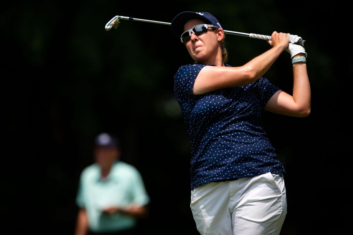 Ashleigh Buhai tees off as she competes in the championship round of the Meijer LPGA Classic Sunday, June 18, 2023, at Blythefield Country Club in Belmont, MI.