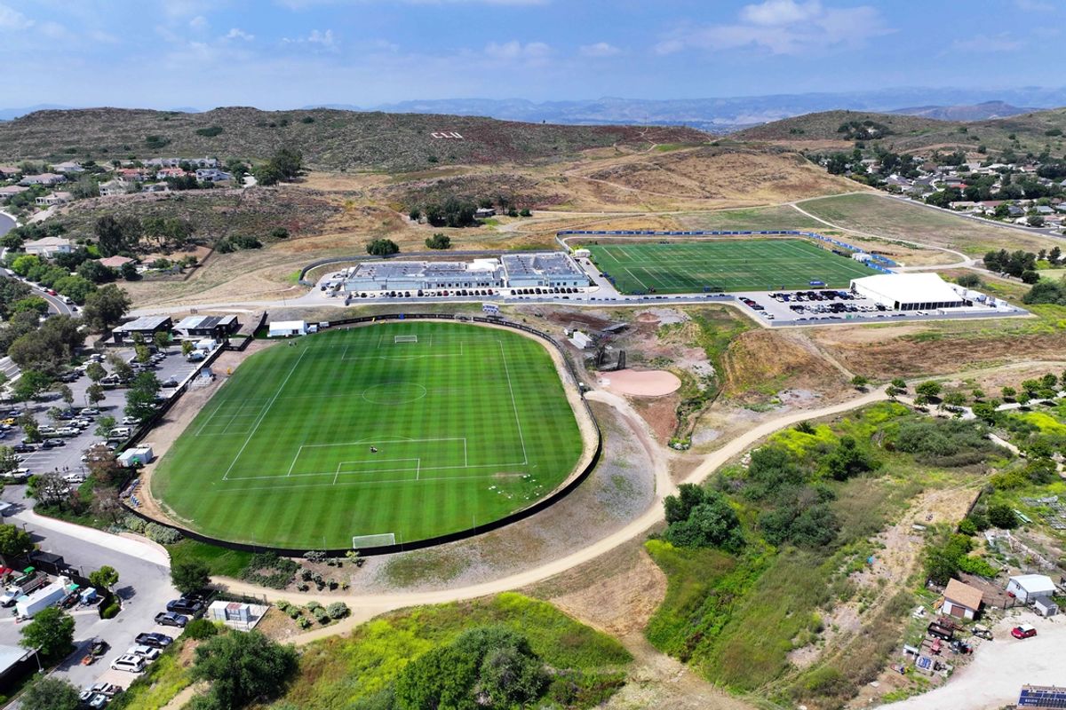 Jun 14, 2023; Thousand Oaks, CA, USA; A general overall aerial view of the Los Angeles Rams and Angel City FC training facilities at Cal Lutheran University. Mandatory Credit: Kirby Lee-Imagn Images