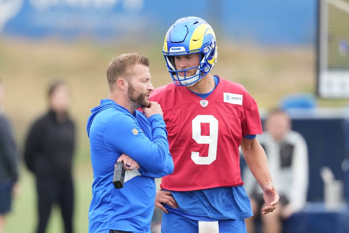 Jun 14, 2023; Thousand Oaks, CA, USA; Los Angeles Rams quarterback Matthew Stafford (9) and coach Sean McVay during minicamp at Cal Lutheran University. Mandatory Credit: Kirby Lee-USA TODAY Sports