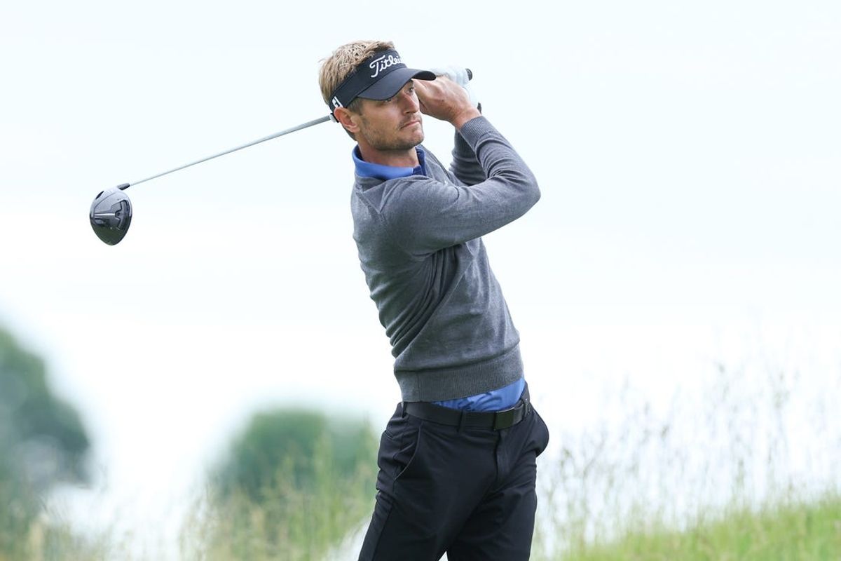 Jun 22, 2023; Cromwell, Connecticut, USA; Michael Thorbjornsen plays his shot from the third tee during the first round of the Travelers Championship golf tournament. Mandatory Credit: Vincent Carchietta-USA TODAY Sports