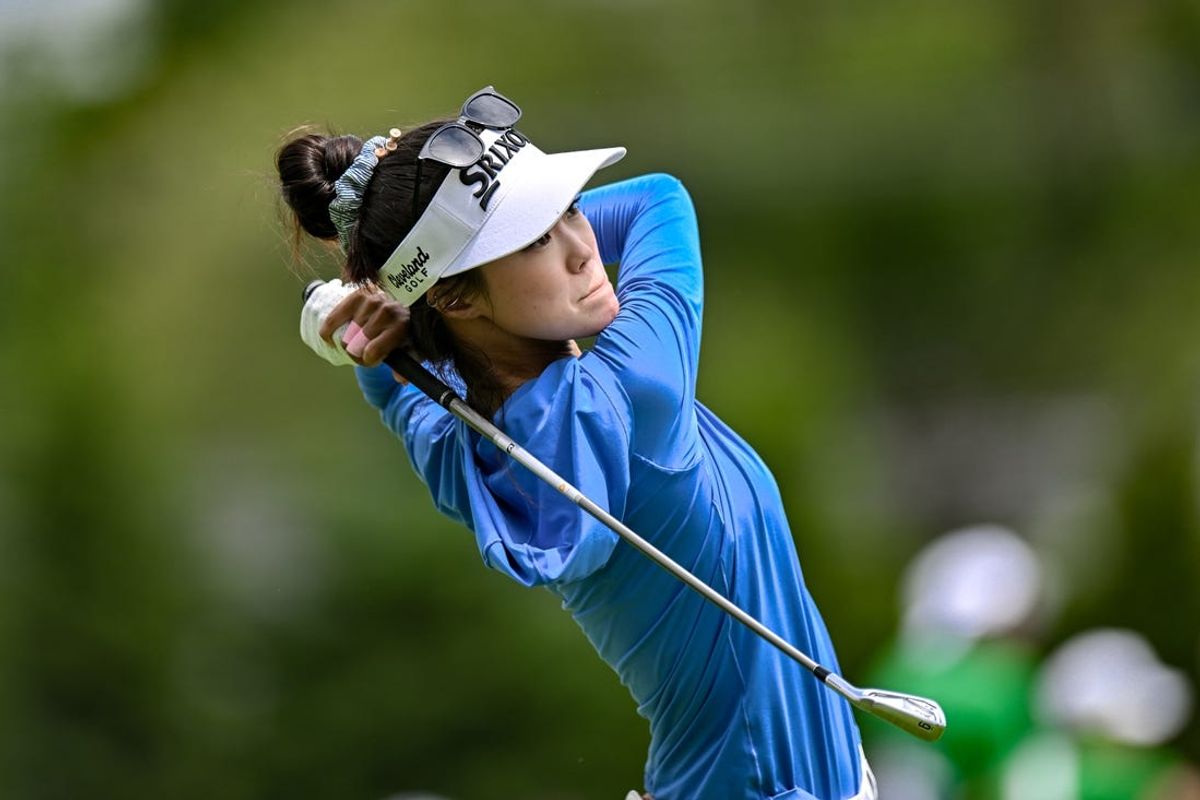 Jun 24, 2023; Springfield, New Jersey, USA; Grace Kim tees off on the 4th hole during the third round of the KPMG Women's PGA Championship golf tournament. Mandatory Credit: John Jones-USA TODAY Sports