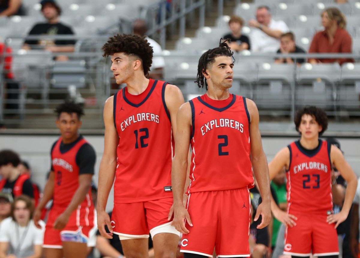 Jun 25, 2023; Glendale, AZ, USA; Columbus player Cameron Boozer (12) and brother Cayden Boozer (2) during the Section 7 high school boys tournament at State Farm Stadium. Mandatory Credit: Mark J. Rebilas-Imagn Images