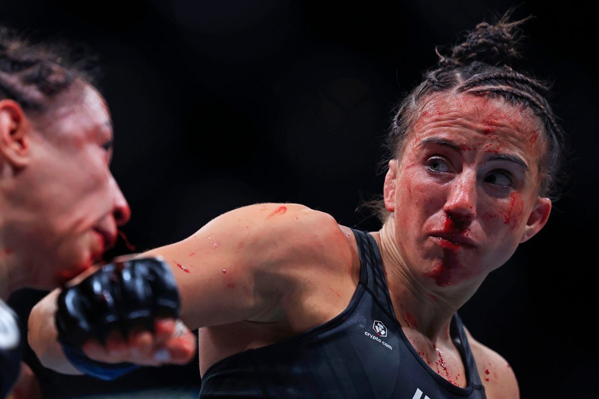 Maycee Barber lands a punch on Amanda Ribas in a women   s flyweight bout during the UFC Fight Night event Saturday, June 24, 2023 at VyStar Veterans Memorial Arena in Jacksonville, Fla. Maycee Barber defeated Amanda Ribas with a knock out/technical knock out in the second round.