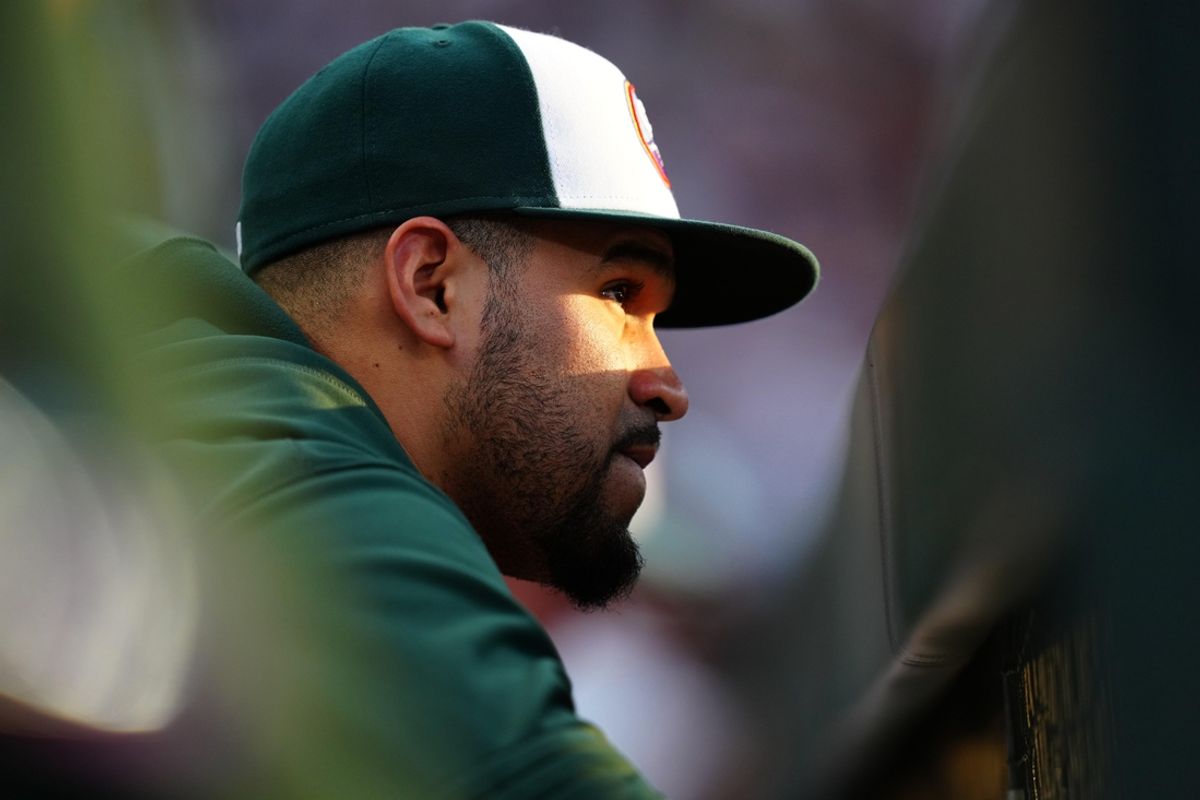 Jun 28, 2023; Denver, Colorado, USA; Colorado Rockies starting pitcher Antonio Senzatela (48) in the dug out in the fourth inning against the Los Angeles Dodgers at Coors Field. Mandatory Credit: Ron Chenoy-Imagn Images