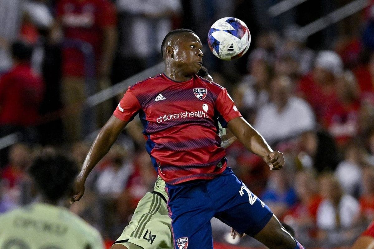 Jul 1, 2023; Frisco, Texas, USA; FC Dallas forward Jose Mulato (21) heads the ball during second half against Los Angeles FC at Toyota Stadium. Mandatory Credit: Jerome Miron-USA TODAY Sports