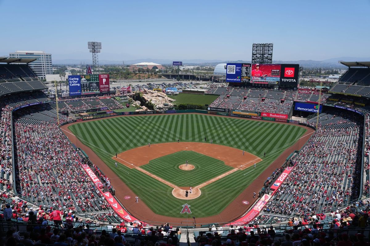 Jul 2, 2023; Anaheim, California, USA; A general overall view of Angel Stadium as Los Angeles Angels designated hitter Shohei Ohtani bats against the Arizona Diamondbacks. Mandatory Credit: Kirby Lee-Imagn Images