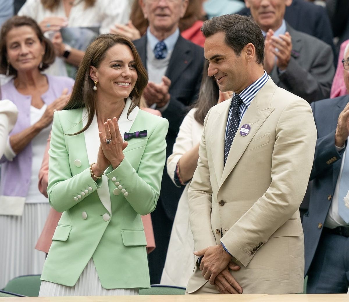Jul 4, 2023; London, United Kingdom; Roger Federer (SUI), eight-time Wimbledon Champion is honored in the Royal Box on day two of Wimbledon at the All England Lawn Tennis and Croquet Club. Also in attendance in the box were HRH The Princess of Wales (Kate), Robbie and Lynette Federer (Roger s parents) and Mirka Federer, his wife. Mandatory Credit: Susan Mullane-Imagn Images