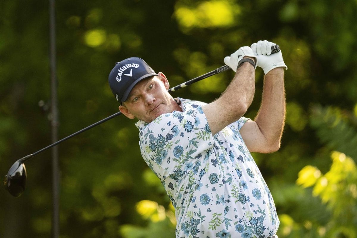 Jul 6, 2023; Silvis, Illinois, USA; Tommy Gainey tees off on the second hole during the first round of the John Deere Classic golf tournament. Mandatory Credit: Marc Lebryk-Imagn Images
