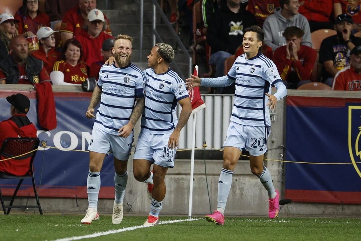 Oct 7, 2023; Sandy, Utah, USA; Sporting Kansas City forward Johnny Russell (7) celebrates after his second half goal against the Real Salt Lake at America First Field.