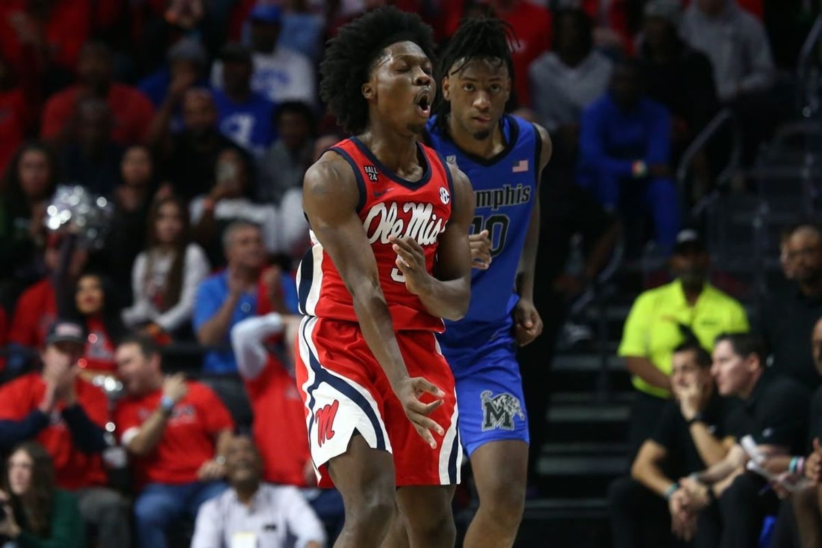 Dec 2, 2023; Oxford, Mississippi, USA; Mississippi Rebels guard Jaylen Murray (5) reacts after a three point basket against the Memphis Tigers during the first half at The Sandy and John Black Pavilion at Ole Miss.