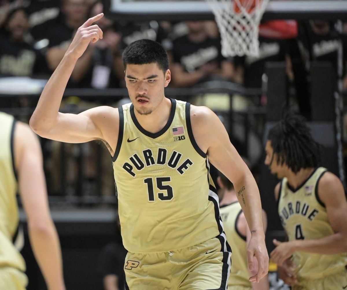 Nov 10, 2023; West Lafayette, Indiana, USA; Purdue Boilermakers center Zach Edey (15) celebrates a basket during the first half against the Morehead State Eagles at Mackey Arena.