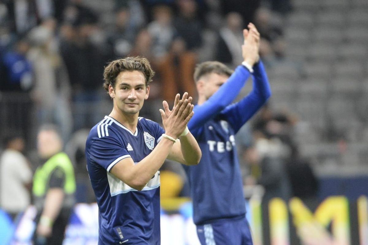 Apr 1, 2023; Vancouver, British Columbia, CAN;  Vancouver Whitecaps FC forward Simon Becher (29) celebrates the win over the CF Montreal after the second half at BC Place.