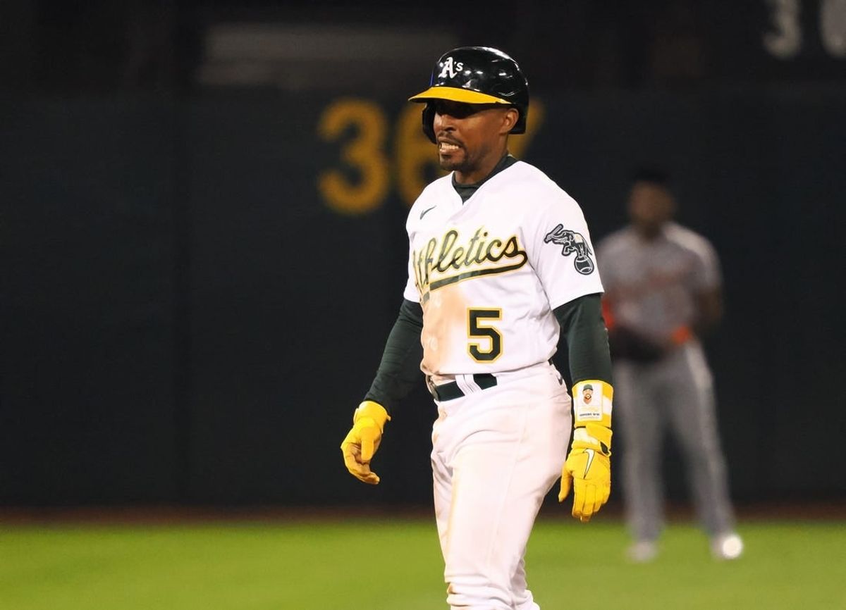 Sep 22, 2023; Oakland, California, USA; Oakland Athletics left fielder Tony Kemp (5) walks off an injury during the sixth inning against the Detroit Tigers at Oakland-Alameda County Coliseum.