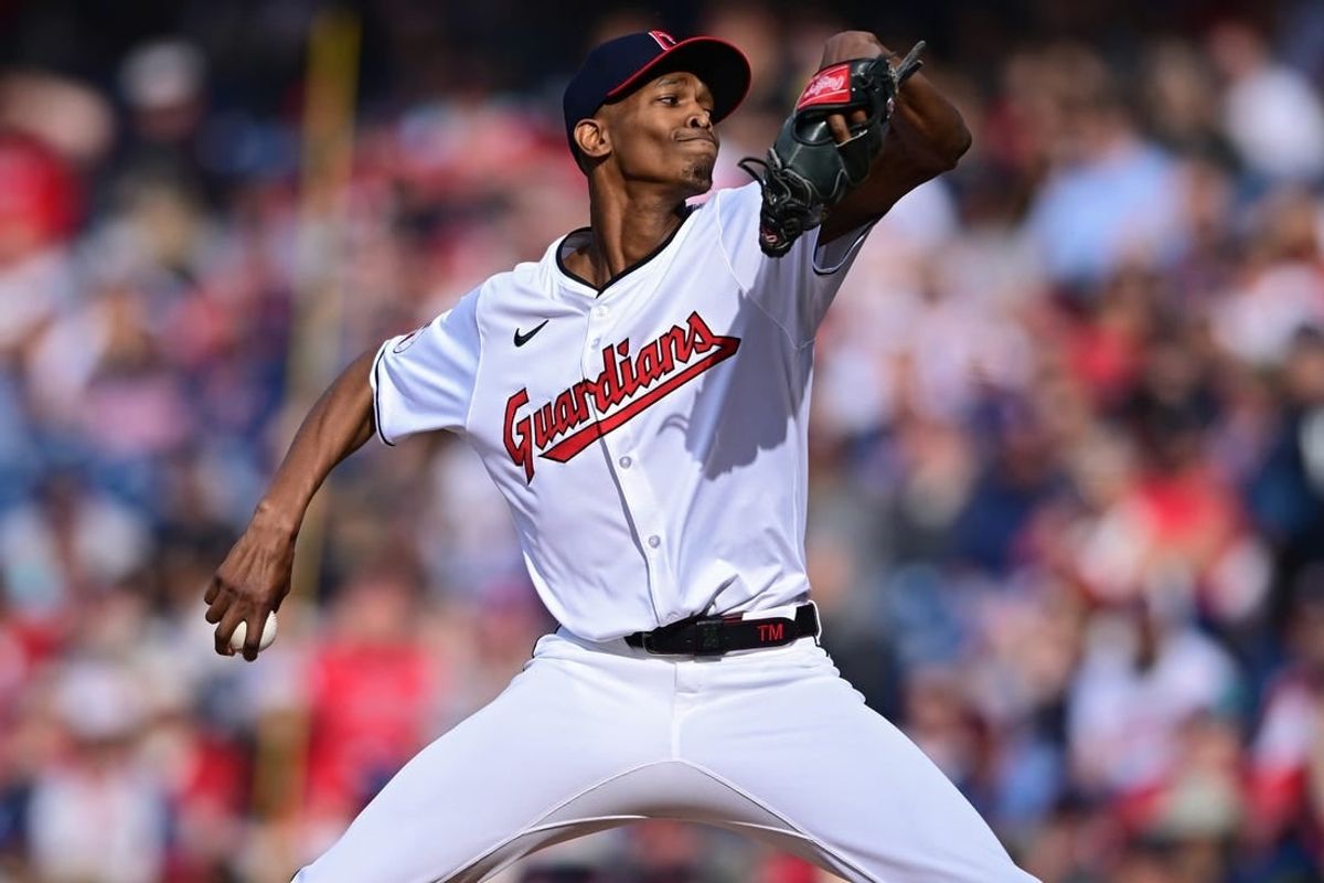 Apr 8, 2024; Cleveland, Ohio, USA; Cleveland Guardians starting pitcher Triston McKenzie (24) throws a pitch during the first inning against the Chicago White Sox at Progressive Field.