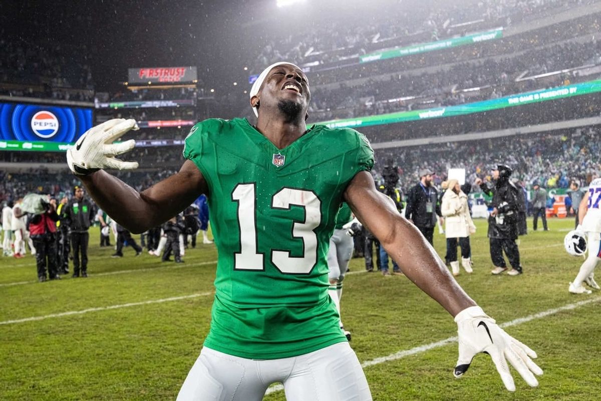 Nov 26, 2023; Philadelphia, Pennsylvania, USA; Philadelphia Eagles wide receiver Olamide Zaccheaus (13) reacts after a victory against the Buffalo Bills at Lincoln Financial Field.