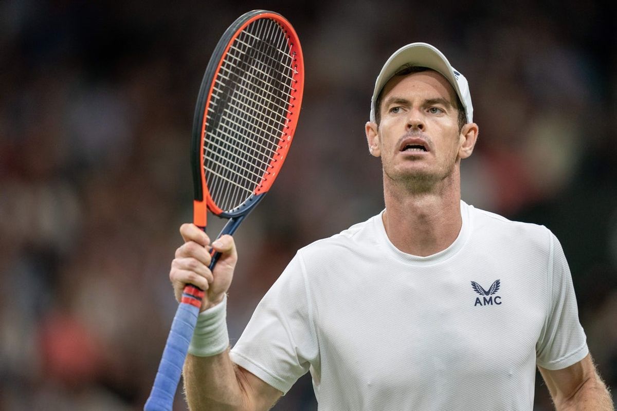 Jul 6, 2023; London, United Kingdom; Andy Murray (GBR) reacts to a point during his match against Stefanos Tsitsipas (GRE) on day four at the All England Lawn Tennis and Croquet Club.  Mandatory Credit: Susan Mullane-USA TODAY Sports