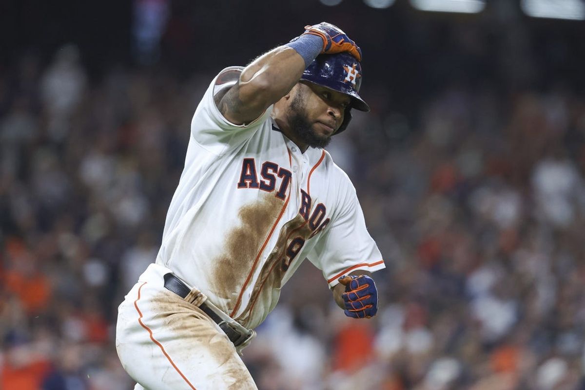 Jul 6, 2023; Houston, Texas, USA; Houston Astros left fielder Corey Julks (9) runs to first base on an RBI double during the seventh inning against the Seattle Mariners at Minute Maid Park. Mandatory Credit: Troy Taormina-USA TODAY Sports
