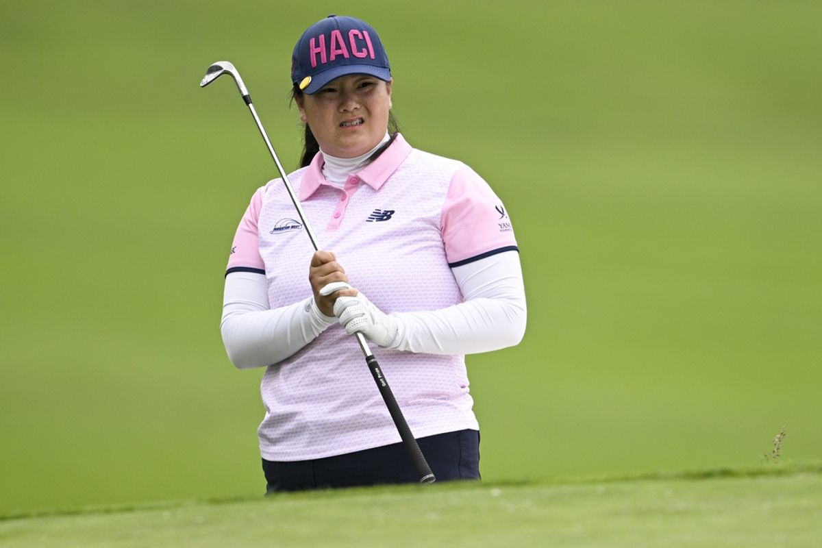 Jul 7, 2023; Pebble Beach, California, USA; Angel Yin reacts after a shot on the 14th hole during the second round of the U.S. Women's Open golf tournament at Pebble Beach Golf Links. Mandatory Credit: Kelvin Kuo-Imagn Images