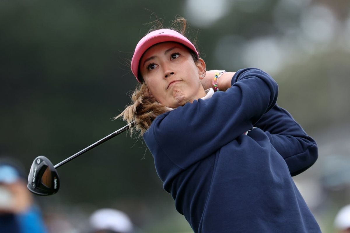Jul 7, 2023; Pebble Beach, California, USA; Michelle Wie West  tees off on the tenth hole during the second round of the U.S. Women's Open golf tournament at Pebble Beach Golf Link. Mandatory Credit: Kiyoshi Mio-Imagn Images