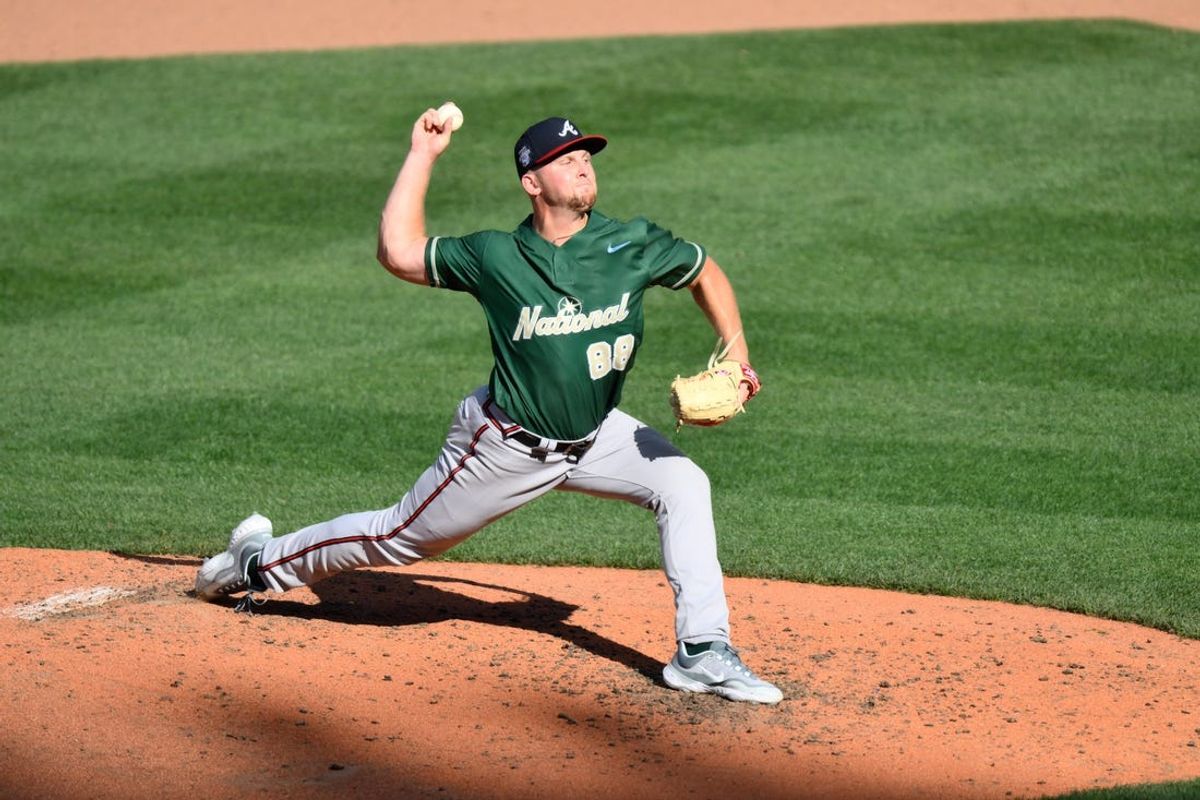 Jul 8, 2023; Seattle, Washington, USA; National League Futures relief pitcher Spencer Schwellenbach (88) of the Atlanta Braves pitches to the American League during the fifth inning of the All Star-Futures game at T-Mobile Park. Mandatory Credit: Steven Bisig-USA TODAY Sports