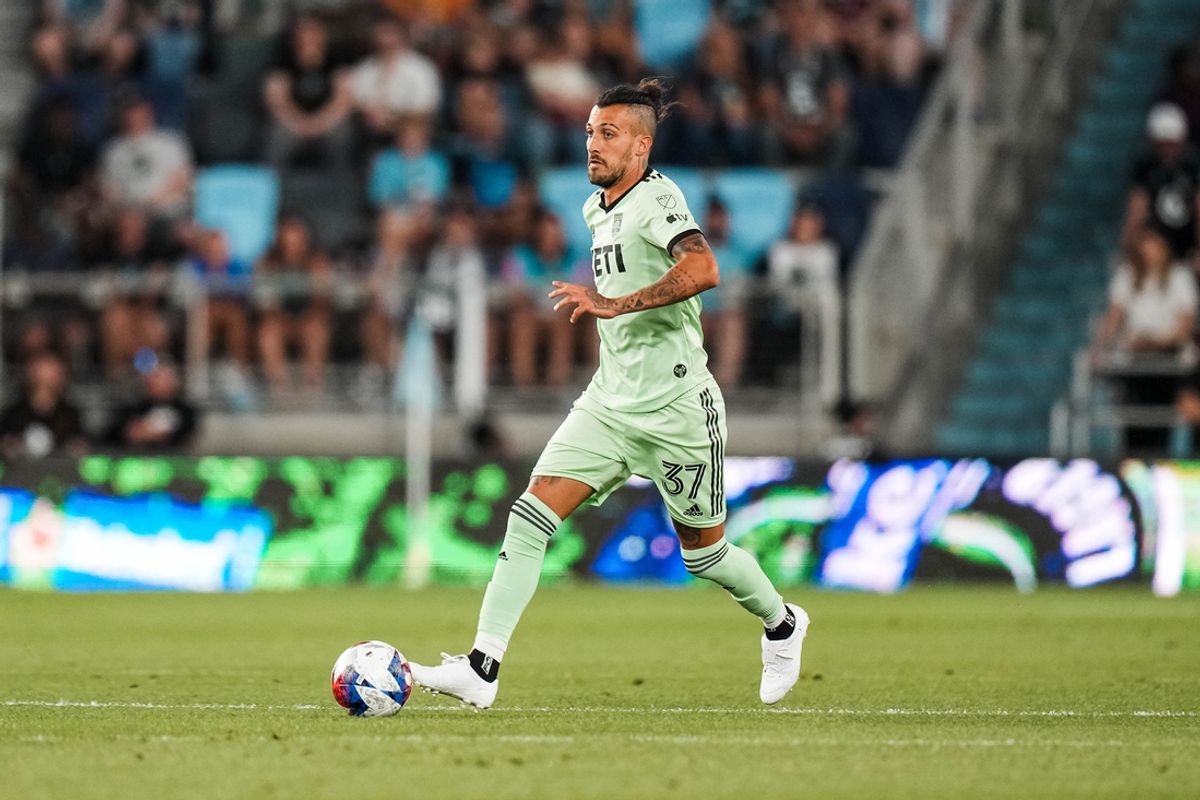 Jul 8, 2023; Saint Paul, Minnesota, USA; Austin FC forward Maximiliano Urruti (37) dribbles during the second half against Minnesota United at Allianz Field. Mandatory Credit: Brace Hemmelgarn-Imagn Images