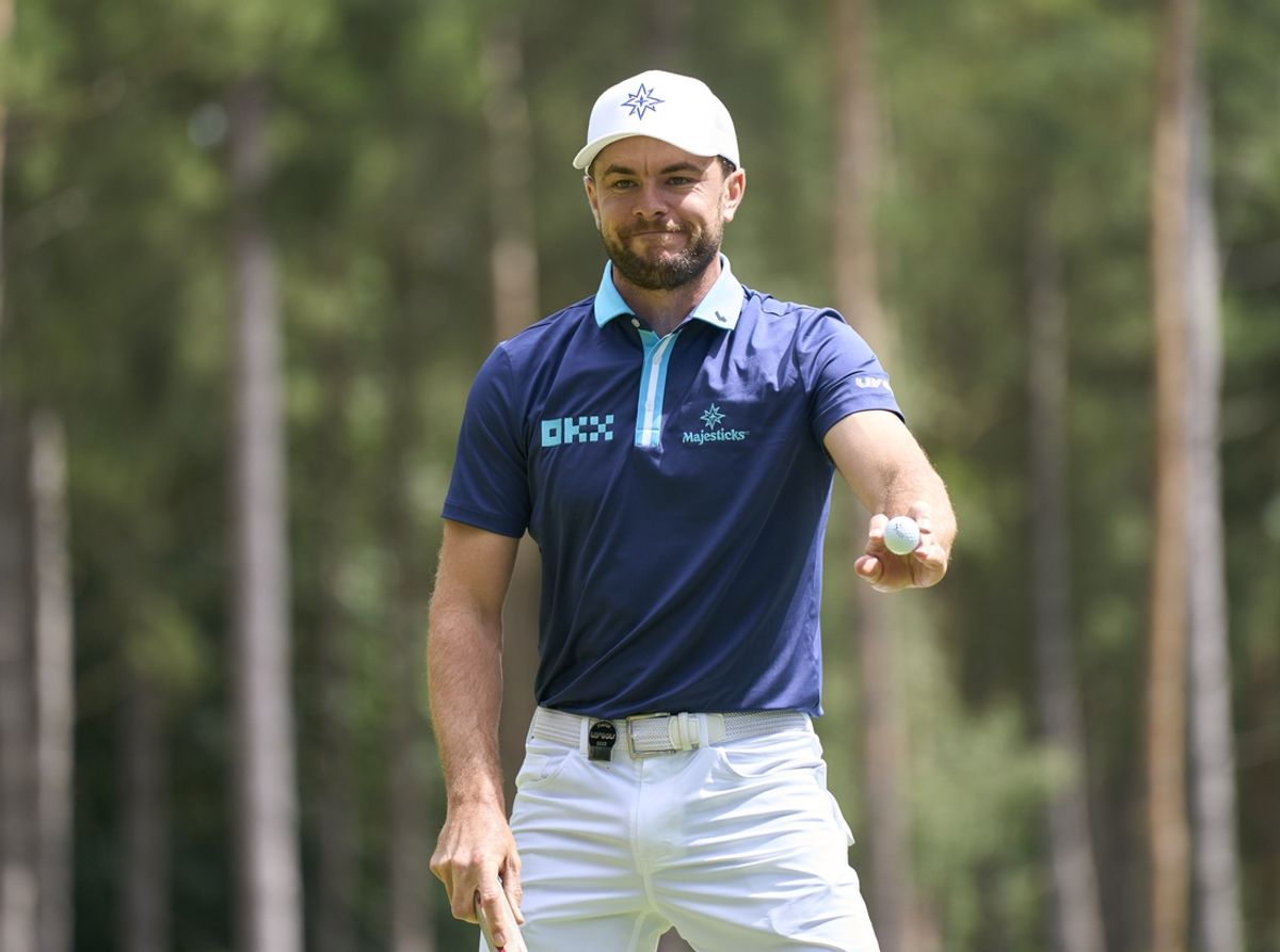Jul 9, 2023; Hertfordshire, England, GBR; Laurie Canter (ENG) reacts to the crowd on the third green during the final round of the LIV Golf London golf tournament at Centurion Club. Mandatory Credit: Peter van den Berg-Imagn Images