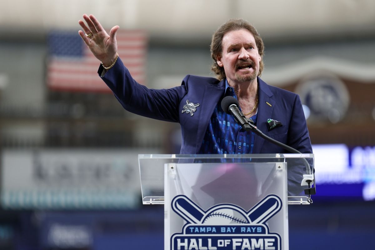 Jul 9, 2023; St. Petersburg, Florida, USA;  former Tampa Bay Ray Wade Boggs speaks during his induction to the teams hall of fame before a game against the Atlanta Braves  at Tropicana Field. Mandatory Credit: Nathan Ray Seebeck-Imagn Images