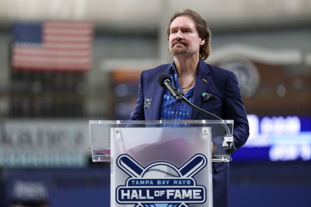 Jul 9, 2023; St. Petersburg, Florida, USA;  former Tampa Bay Ray Wade Boggs speaks during his induction to the teams hall of fame before a game against the Atlanta Braves  at Tropicana Field. Mandatory Credit: Nathan Ray Seebeck-Imagn Images