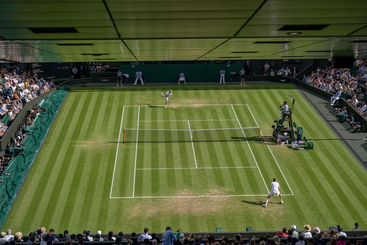 Jul 9, 2023; London, United Kingdom; General view of Centre Court during the Andrey Rublev and Alexander Bublik (KAZ) match on day seven at the All England Lawn Tennis and Croquet Club.  Mandatory Credit: Susan Mullane-Imagn Images