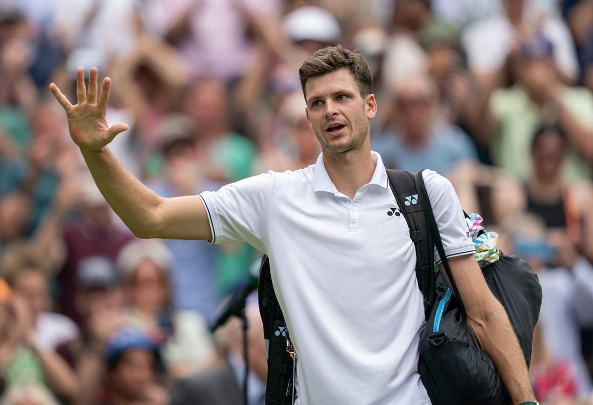 Jul 10, 2023; London, United Kingdom; Hubert Hurkacz (POL) waves to the crowd as he leaves the court after a match against Novak Djokovic (SRB) on day eight at the All England Lawn Tennis and Croquet Club. Mandatory Credit: Susan Mullane-Imagn Images