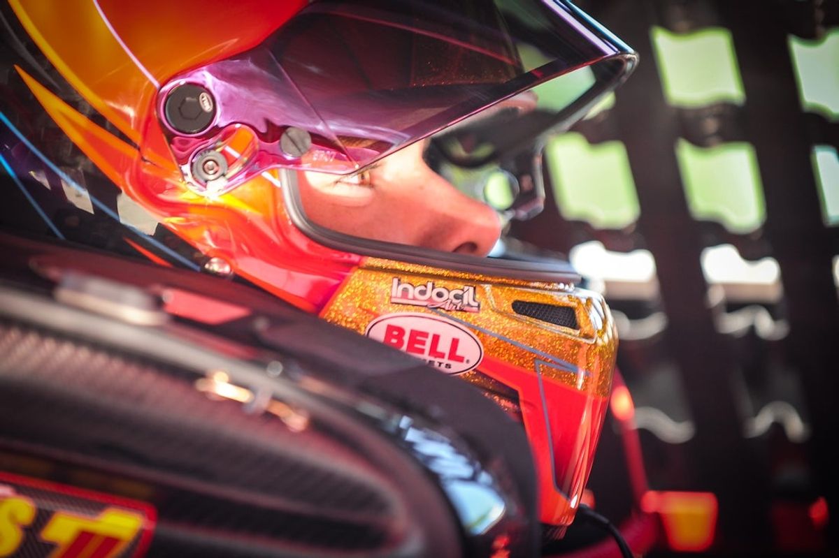 Gio Ruggiero sits in his car between practice runs at the Slinger Nationals on Tuesday, July 11, 2023, at Slinger Speedway in Slinger, Wisconsin.