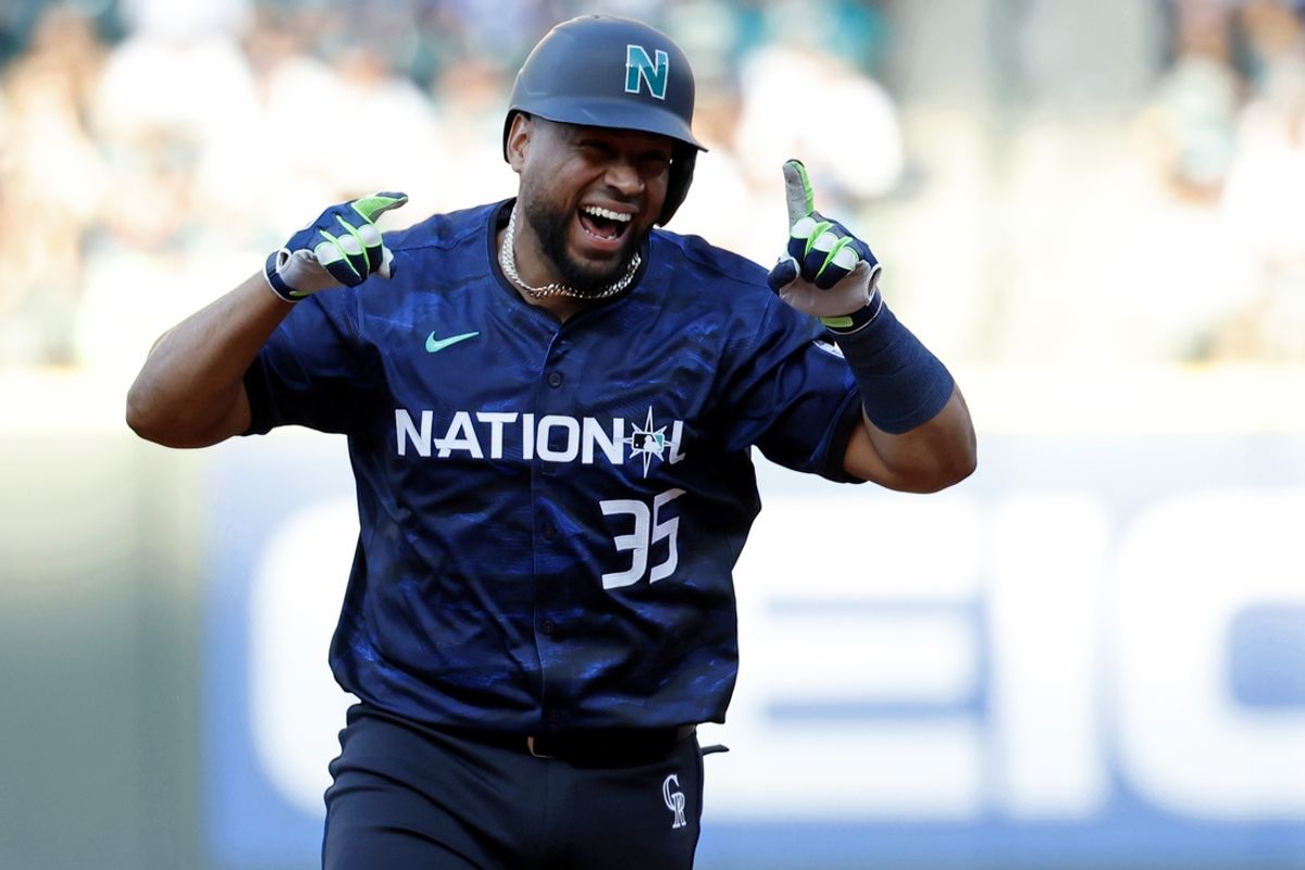 Jul 11, 2023; Seattle, Washington, USA; National League catcher Elias DIaz of the Colorado Rockies (35) reacts after hitting a two-run home run against the American League during the eighth inning of the 2023 MLB All Star Game at T-Mobile Park. Mandatory Credit: Joe Nicholson-USA TODAY Sports