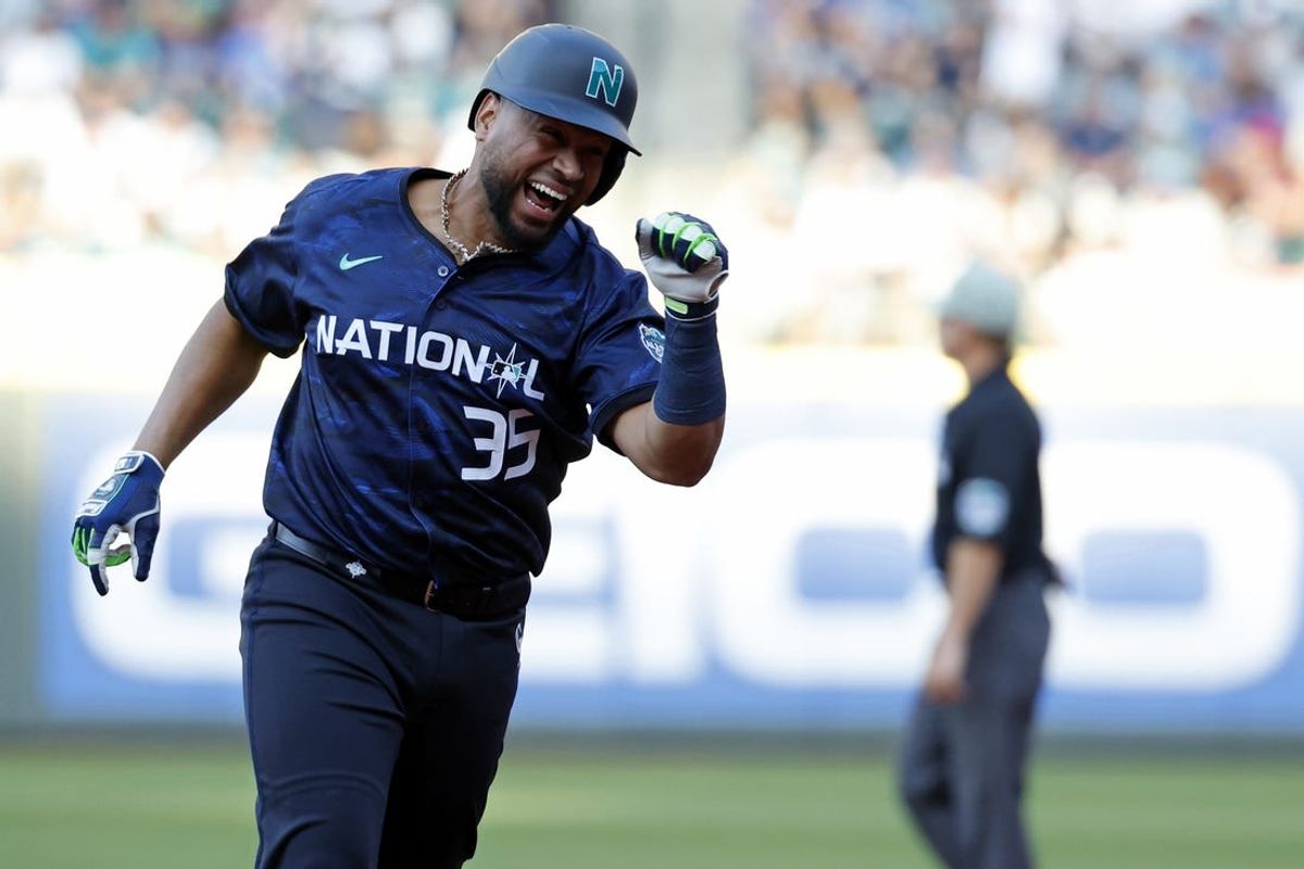 Jul 11, 2023; Seattle, Washington, USA; National League catcher Elias Diaz of the Colorado Rockies (35) reacts after hitting a two-run home run against the American League during the eighth inning of the 2023 MLB All Star Game at T-Mobile Park. Mandatory Credit: Joe Nicholson-USA TODAY Sports