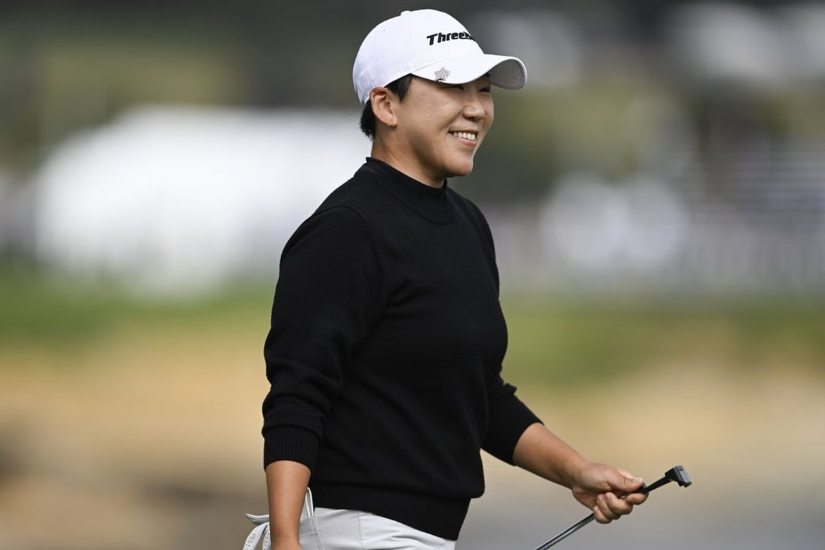 Jul 9, 2023; Pebble Beach, California, USA; Jiyai Shin reacts after her putt on the 18th hole during the final round of the U.S. Women's Open golf tournament at Pebble Beach Golf Links. Mandatory Credit: Kelvin Kuo-Imagn Images