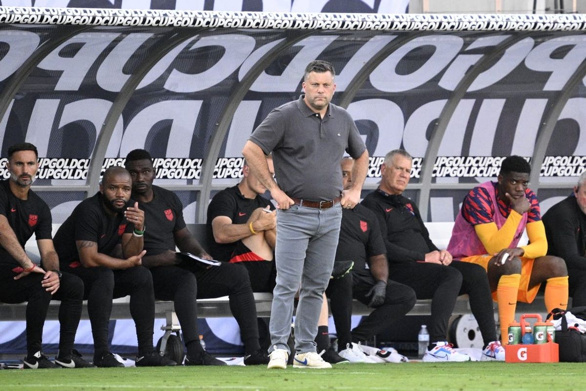 Jul 12, 2023; San Diego, Californina, USA; United States manager B.J. Callaghan (front) looks on during the second half against the Panama at Snapdragon Stadium. Mandatory Credit: Orlando Ramirez-USA TODAY Sports