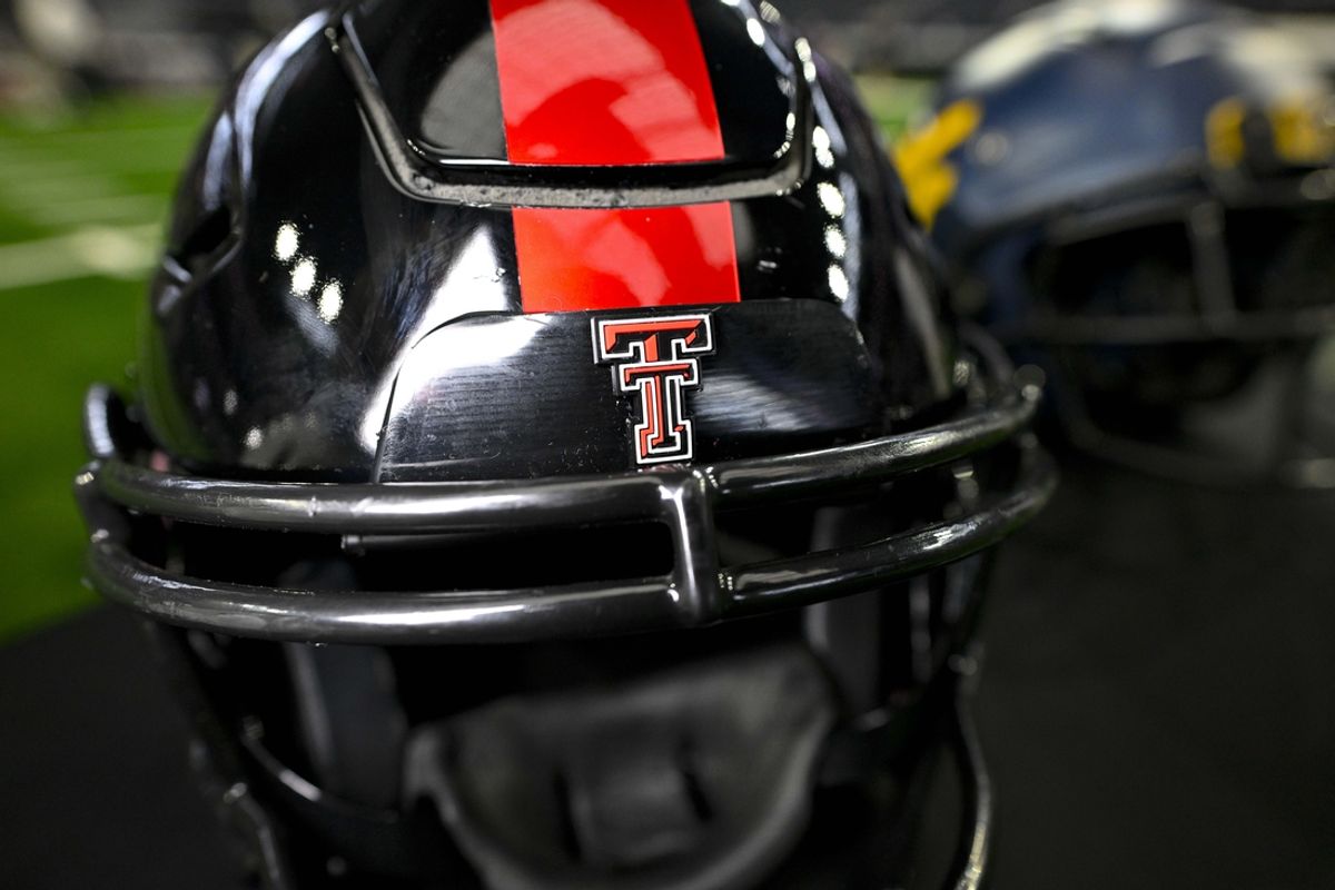 Jul 13, 2023; Arlington, TX, USA; A view of the Texas Tech Red Raiders helmet and logo during the Big 12 football media day at AT&T Stadium. Mandatory Credit: Jerome Miron-Imagn Images