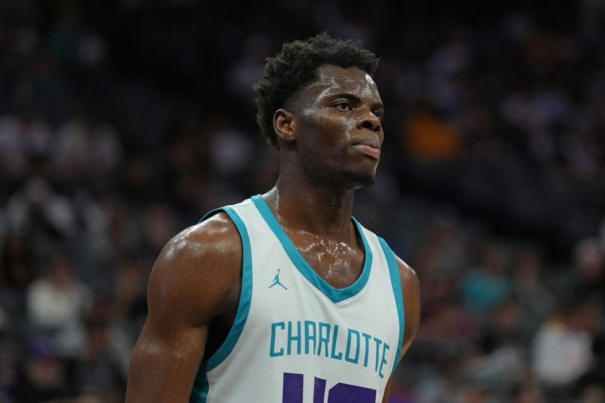 Jul 5, 2023; Sacramento, CA, USA; Charlotte Hornets center James Nnaji (46) during the second quarter against the Golden State Warriors at Golden 1 Center. Mandatory Credit: Darren Yamashita-Imagn Images