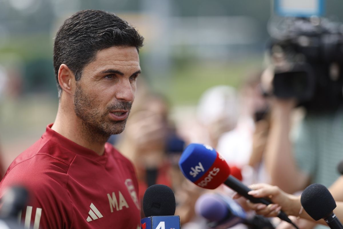 Jul 17, 2023; Fairfax, VA, USA; Arsenal manager Mikel Arteta (L) speaks with the media prior to an Arsenal training session at George Mason University Field House in preparation for the 2023 MLS All Star Game. Mandatory Credit: Geoff Burke-Imagn Images