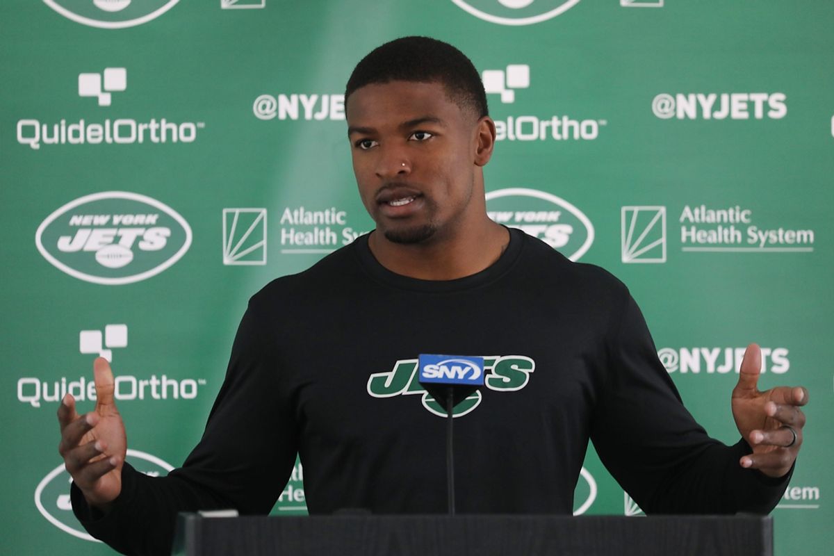 Cornerback DJ Reed being interviewed as players arrived today to participate in the NY Jets 2023 Training Camp at their practice facility in Florham Park, NJ.