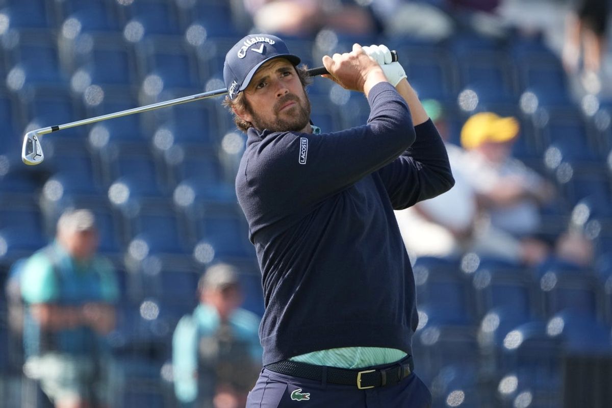 July 20, 2023; Hoylake, England, GBR; Nacho Elvira plays his shot from the fourth tee during the first round of The Open Championship golf tournament at Royal Liverpool. Mandatory Credit: Kyle Terada-Imagn Images