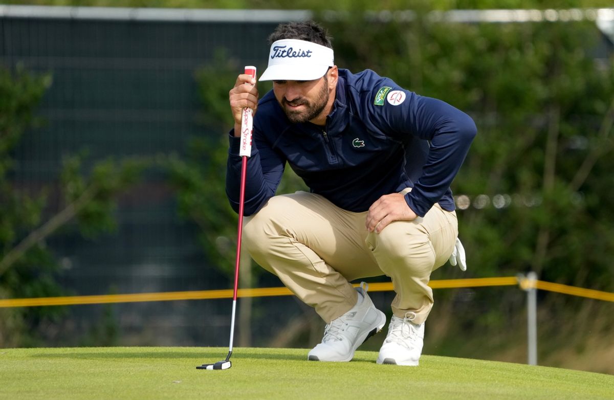 July 21, 2023; Hoylake, ENGLAND, GBR; Antoine Rozner lines up a putt on the fourth hole during the second round of The Open Championship golf tournament at Royal Liverpool. Mandatory Credit: Kyle Terada-Imagn Images