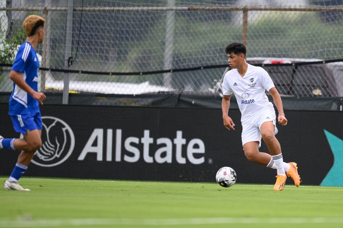 Jul 19, 2023; Annapolis, MD, USA; East All Star player Olger Escobar controls the ball during the first half of the 2023 MLS NEXT All Star Game at Glenn Warner Soccer Facility at the Naval Academy. Mandatory Credit: Reggie Hildred-Imagn Images