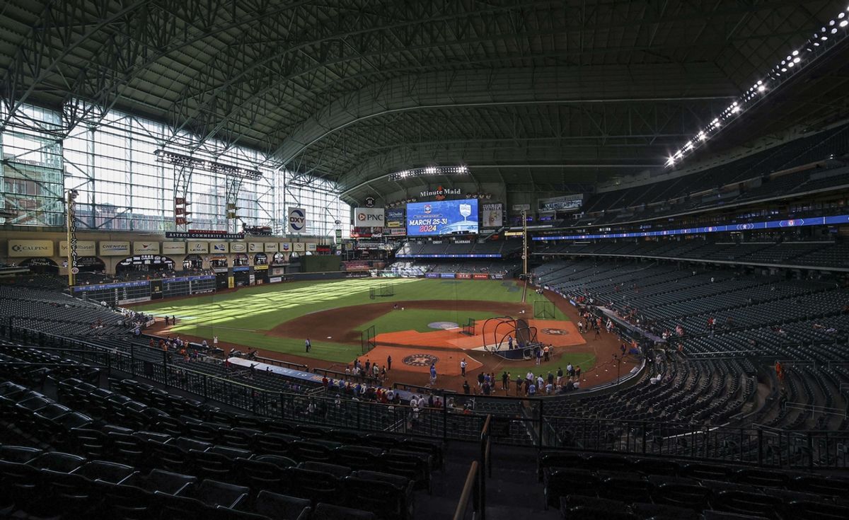 Jul 25, 2023; Houston, Texas, USA; General view inside Minute Maid Park before the game between the Houston Astros and the Texas Rangers. Mandatory Credit: Troy Taormina-Imagn Images