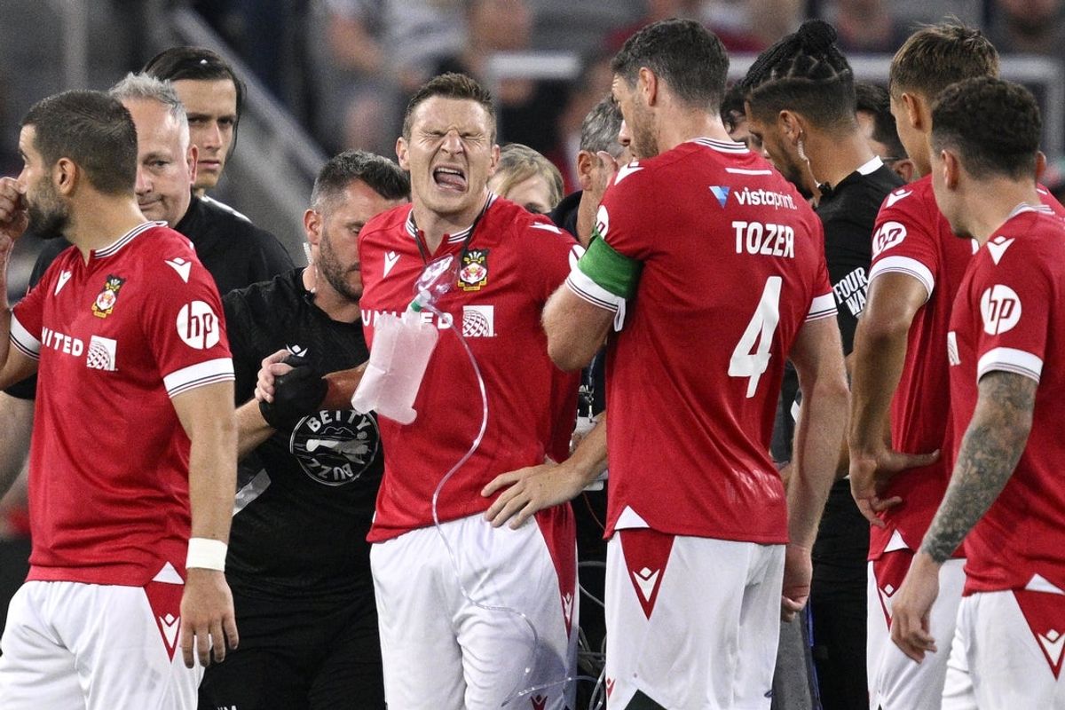 Jul 25, 2023; San Diego, California, USA; Wrexham forward Paul Mullin (10) reacts after an injury during the first half against Manchester United at Snapdragon Stadium. Mandatory Credit: Orlando Ramirez-Imagn Images
