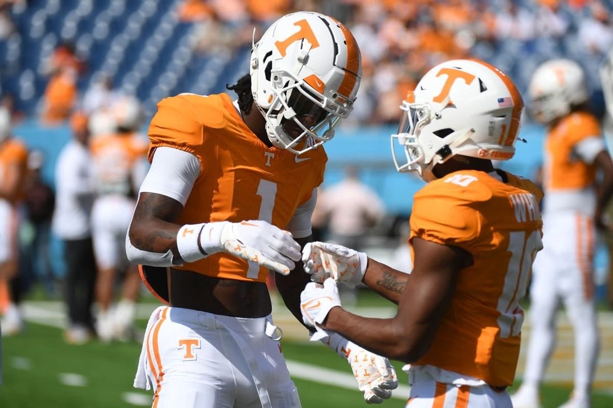 Sep 2, 2023; Nashville, Tennessee, USA; Tennessee Volunteers wide receiver Dont'e Thornton Jr. (1) and wide receiver Squirrel White (10) before the game against the Virginia Cavaliers at Nissan Stadium.